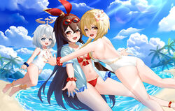  3girls :d absurdres alternate_costume amber_(genshin_impact) anklet ass bare_back beach bikini blonde_hair blue_sky breasts brown_eyes brown_hair cleavage cloud cloudy_sky coconut_tree commentary_request day eyewear_on_head floating genshin_impact grey_eyes hair_between_eyes hairband halo highres horizon hug jewelry long_hair looking_at_viewer lumine_(genshin_impact) mechanical_halo multiple_girls navel ocean one-piece_swimsuit outdoors outstretched_arms paimon_(genshin_impact) palm_tree red_bikini school_swimsuit scrunchie short_hair short_hair_with_long_locks short_sleeves sideboob sidelocks sky skym_(kumei) sleeveless smile spread_arms stomach sunglasses swimsuit tree white_hair white_one-piece_swimsuit wrist_scrunchie yellow_eyes 