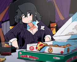  black_eyes black_hair blurry blurry_background breasts chair cleavage collared_shirt cup curtains female food food_on_body food_on_face highres jacket jewelry lucia_(scott_malin) medium_hair necklace original papa_john&#039;s parody parted_lips pepperoni pizza pizza_box pizza_slice scarface scott_malin shadow shirt solo striped_clothes striped_jacket striped_vest vest white_shirt 