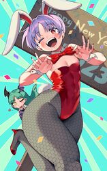  2girls adjusting_bow animal_ears bare_shoulders bat_wings blush bow bowtie breasts chinese_zodiac cleavage commission confetti cowboy_shot demon_girl detached_collar english_text fake_animal_ears fingernails fishnet_pantyhose fishnets flat_chest green_background green_hair happy_new_year head_wings high_heels highleg highleg_leotard highres iroyopon knee_up leotard lilith_aensland long_fingernails long_hair looking_at_viewer morrigan_aensland multiple_girls official_alternate_costume one_eye_closed open_mouth pantyhose parted_bangs pixiv_commission playboy_bunny purple_hair rabbit_ears rabbit_tail red_eyes red_footwear red_leotard red_nails short_hair signpost smile solo_focus strapless strapless_leotard tail thick_thighs thighs two-tone_background vampire_(game) wide_hips wings wrist_cuffs year_of_the_rabbit yellow_eyes 