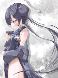  absurdres black_coat black_dress black_gloves black_hair blue_archive blush braid braided_bun china_dress chinese_clothes coat collarbone commentary double_bun dress facing_viewer female from_side gloves grey_eyes hair_between_eyes hair_bun halo highres kisaki_(blue_archive) long_hair long_sleeves looking_afar looking_ahead open_clothes open_coat pelvic_curtain profile side_slit sidelocks simple_background sleeveless solo tomonx twintails wind 