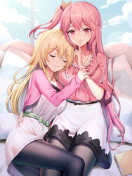  2girls bed_sheet black_pantyhose blonde_hair blush book braid breasts closed_eyes closed_mouth commentary_request emily_stock finger_to_mouth grey_shirt hair_ribbon highres jacket large_breasts long_hair long_sleeves multiple_girls one_side_up original pantyhose pillow pink_hair pink_jacket pink_shirt red_eyes ribbon ririko_(zhuoyandesailaer) saegusa_futaba shirt short_sleeves shushing skirt sleeping sleeves_past_wrists smile very_long_hair white_skirt wide_sleeves 