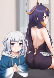  2girls absurdres ass back back_focus backless_outfit bare_arms bare_back bare_shoulders blue_eyes blue_hair blue_hoodie blurry blurry_background blush butt_crack closed_mouth collarbone dress from_behind gawr_gura gawr_gura_(1st_costume) grand_prix_richmond_crackstyle_(meme) grey_hair hair_ornament halo highres hololive hololive_english hood hood_down hoodie ina&#039;s_back_(meme) jan_azure long_hair long_sleeves looking_at_viewer looking_to_the_side median_furrow meme multicolored_hair multiple_girls ninomae_ina&#039;nis ninomae_ina&#039;nis_(1st_costume) own_hands_together photo-referenced pointy_ears praying purple_dress purple_hair sidelocks sitting smile strapless strapless_dress streaked_hair tube_dress two_side_up virtual_youtuber wide_sleeves wings 