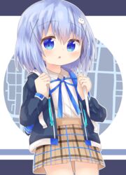  absurdres alternate_hair_length alternate_hairstyle black_jacket blue_eyes blue_hair blue_ribbon brown_skirt clockwork_rabbit collared_shirt commentary_request female gochuumon_wa_usagi_desu_ka? hair_between_eyes hair_ornament highres holding_strap jacket kafuu_chino long_sleeves looking_at_viewer nakkar neck_ribbon open_clothes open_jacket outline parted_lips partial_commentary plaid plaid_skirt pleated_skirt rabbit_hair_ornament ribbon shirt short_hair skirt solo white_outline white_shirt x_hair_ornament 