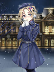  belt beret blonde_hair blue_coat blue_eyes blush character_request check_character chinese_commentary coat commentary_request female gloves hair_ornament hat headphones highres looking_at_viewer medium_hair open_mouth own_hands_together pantyhose phelps_(warship_girls_r) snowflakes solo star_(symbol) star_hair_ornament warship_girls_r white_gloves winter_clothes winter_coat winter_gloves yuemanhuaikong 