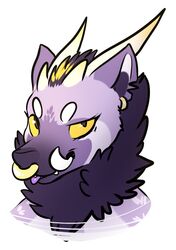  2017 ambiguous_gender anthro avoid_posting damian_(maim) demon facial_piercing fangs fur half-closed_eyes hi_res horn hyena maim mammal mane monster narrowed_eyes nose_piercing nose_ring piercing purple_body purple_fur purple_tongue ring_piercing simple_background solo spotted_hyena teeth tongue tongue_out tusks yellow_eyes 