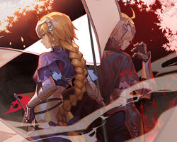  2girls armor blonde_hair blue_eyes braid breasts chinese_commentary commentary fate/apocrypha fate/grand_order fate_(series) from_behind grey_hair headpiece highres jeanne_d&#039;arc_(fate) jeanne_d&#039;arc_(ruler)_(fate) jeanne_d&#039;arc_alter_(avenger)_(fate) jeanne_d&#039;arc_alter_(fate) jinlin large_breasts long_hair looking_at_viewer md5_mismatch multiple_girls short_hair single_braid smile upper_body very_long_hair yellow_eyes 