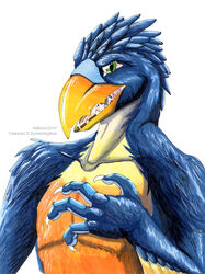  2019 4_fingers adleisio aggressive anthro avian beak bird blue_body blue_feathers bodily_fluids bust_portrait cariamiform claws collarbone dinosaur extinct feathered_arms feathers fingers green_eyes hi_res male multicolored_body multicolored_feathers open_beak open_mouth orange_beak orange_body orange_feathers pink_tongue portrait prehistoric_species reptile saliva saliva_string scalie simple_background snarling solo teeth terror_bird tongue tucakeane watermark white_background white_body white_feathers 