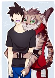  2017 5_fingers anthro biped clothed clothing countershading duo felid feline felis fingers front_view fur green_eyes hair hi_res human humanoid_hands leopard_cat male mammal nekojishi one_eye_closed open_mouth open_smile prionailurus shu-chi simple_background smile standing studio_klondike tian-liao_lin wengekalpark 