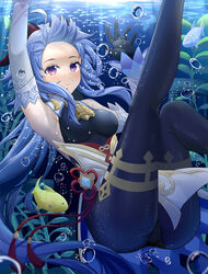  absurdres armpits arms_up ass bell black_gloves black_leotard blue_hair bodystocking breasts bubble commentary_request detached_sleeves female fish forehead ganyu_(genshin_impact) genshin_impact gloves highres horns legs_up leotard leotard_under_clothes long_hair long_sleeves looking_at_viewer medium_breasts neck_bell ocean purple_eyes sidelocks skym_(kumei) smile tassel thigh_strap underwater vision_(genshin_impact) white_sleeves 