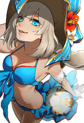  bikini blue_eyes breasts cleavage fate/grand_order fate_(series) female foreshortening hat highres long_hair looking_at_viewer marie_antoinette_(fate) marie_antoinette_(swimsuit_caster)_(fate) marie_antoinette_(swimsuit_caster)_(third_ascension)_(fate) medium_breasts open_mouth perspective smile solo sun_hat swimsuit twintails yanase_seno 