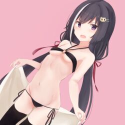  bare_shoulders bikini black_bikini black_hair black_thighhighs blush breasts cat_hair_ornament collarbone cowboy_shot dutch_angle female groin hair_ornament hair_ribbon hairpin halterneck holding holding_towel karyl_(princess_connect!) long_hair looking_at_viewer low_twintails lowleg lowleg_bikini multicolored_hair navel o-ring oerba_yun_fang open_mouth pink_background princess_connect! purple_eyes red_ribbon ribbon side-tie_bikini_bottom simple_background skindentation small_breasts solo standing streaked_hair sweatdrop swimsuit thighhighs towel twintails two-tone_hair white_hair yuki_(yukin0128) 