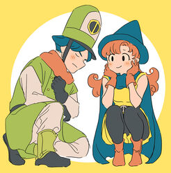  1boy alena_(dq4) blush boots cape clift closed_mouth curly_hair dragon_quest dragon_quest_iv dress female gloves hat long_hair miyama_(kannsannn) orange_hair pantyhose skirt smile 