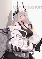  absurdres arknights asumi_maboroshi bare_shoulders black_choker black_gloves black_sports_bra breasts choker cleavage commentary_request female gloves grey_background helmet highres holding holding_helmet horns infection_monitor_(arknights) large_breasts long_hair long_sleeves looking_at_viewer material_growth mudrock_(arknights) oripathy_lesion_(arknights) pointy_ears red_eyes solo sports_bra upper_body white_hair 