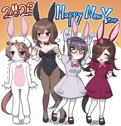  &gt;_&lt; +++ 2023 4girls :d ^_^ admire_vega_(umamusume) animal_costume animal_ears arms_up bare_shoulders black-framed_eyewear black_bow black_bowtie black_footwear black_hair black_leotard blue_eyes blush bow bowtie braid breasts brown_footwear brown_hair brown_pantyhose chinese_zodiac cleavage closed_eyes collar commentary covered_navel detached_collar dress flying_sweatdrops fur-trimmed_mittens fur_trim glasses grey_mittens groin hair_between_eyes hair_over_one_eye happy_birthday highres horse_ears horse_girl horse_tail large_ears leotard long_hair low_twintails medium_breasts mittens multiple_girls narita_taishin_(umamusume) nose_blush pantyhose parted_bangs playboy_bunny puffy_short_sleeves puffy_sleeves purple_dress purple_mittens rabbit_costume red_dress red_eyes rice_shower_(umamusume) shoes short_sleeves smile standing standing_on_one_leg strapless strapless_leotard tail takiki trembling twintails umamusume v-shaped_eyebrows very_long_hair white_collar white_pantyhose wrist_cuffs year_of_the_rabbit zenno_rob_roy_(umamusume) 