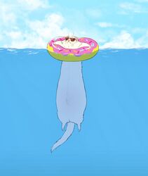  colored day domestic_ferret donut_pool_toy eyewear feral floating front_view fur hi_res ichigodawashi long_body male mammal mustelid musteline nude outside partially_submerged paws pink_nose seascape sky solo sunglasses swim_ring swimming true_musteline water weasel whiskers white_body white_fur 