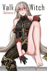  bad_id bad_twitter_id bare_shoulders barefoot black_gloves blush breasts closed_mouth commentary_request female gloves grey_hair hair_between_eyes hanada_yanochi highres knee_up large_breasts long_hair military military_uniform panties red_eyes selvaria_bles senjou_no_valkyria_(series) senjou_no_valkyria_1 sitting sleeves_rolled_up solo thighs underwear uniform 