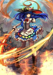  arm_up belt black_belt black_headwear blue_hair blue_skirt blush boots bow bowtie brown_footwear buckle buttons center_frills closed_mouth female flaming_sword flaming_weapon food frills fruit fruit_hat_ornament full_body hand_on_own_face hand_on_own_hip highres hinanawi_tenshi holding holding_sword holding_weapon knee_boots leaf long_hair looking_at_viewer peach peach_hat_ornament pigeon-toed puffy_short_sleeves puffy_sleeves rainbow_order red_bow red_bowtie red_eyes red_ribbon ribbon rope short_sleeves skirt smile solo standing star_(symbol) sword sword_of_hisou tassel teo_(telo_ruka) touhou weapon wing_collar 