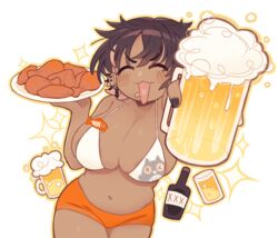  alcohol amai_umimaru_(artist) areola_slip beer beer_mug bikini bikini_top_only black_nails blush bon_(vtuber) breasts brown_hair chicken_(food) chicken_wing closed_eyes cup dark-skinned_female dark_skin drooling ear_piercing earrings female food fried_chicken heart heart_in_mouth highres holding holding_cup holding_plate holding_tray indie_virtual_youtuber jewelry large_breasts micro_shorts mouth_drool mug navel open_mouth orange_outline orange_shorts piercing plate short_hair shorts smile solo sparkle standing stomach swimsuit tray v-shaped_eyebrows virtual_youtuber 