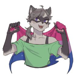  1:1 alpha_channel ambiguous_gender anthro banatoru bisexual_pride_colors clothing crop_top cute_fangs fangs femboy flag flag_(object) hair hi_res holding_flag holding_object lgbt_pride male mammal pawpads ponytail pride_color_flag pride_colors procyonid purple_eyes raccoon shirt slim_anthro slim_male smile solo sparkles teeth topwear vael vael_hoshi 