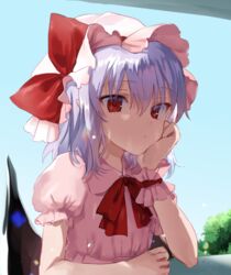  bat_wings blue_hair blue_sky bow bowtie cloud day dress female hair_between_eyes hand_up hat hat_bow head_rest looking_at_viewer mob_cap nazuka_(mikkamisaki) outdoors pink_dress pink_hat pointy_ears puffy_short_sleeves puffy_sleeves red_bow red_bowtie red_eyes remilia_scarlet short_hair short_sleeves sky solo touhou upper_body wings wrist_cuffs 