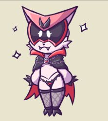  absurd_res anthro bat_ear_panties black_clothing black_panties black_underwear bottomwear breasts cape cat_lingerie chains cheek_tuft clothing cute_fangs eve_(maskedfurry) eyewear facial_tuft fangs female fishnet_clothing fishnet_legwear fur generation_5_pokemon gloves goggles halloween handwear hi_res holidays legendary_pokemon legwear lingerie maskedfurry metal_chain nintendo panties pink_body pink_fur pokemon pokemon_(species) simple_background solo sparkles teeth tuft under_boob underwear vampire_costume victini 