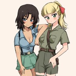  2girls aimai_(luckyfive) aoshidan_school_uniform arm_behind_back bad_id bad_pixiv_id beige_background belt black_belt black_hair blonde_hair blue_eyes blue_shirt blunt_bangs blush breasts brown_belt brown_shirt brown_skirt cleavage closed_mouth collared_shirt commentary dark-skinned_female dark_skin el_(girls_und_panzer) elbow_on_another&#039;s_shoulder girls_und_panzer green_eyes green_skirt hair_intakes hair_ribbon hand_on_own_hip head_tilt koala_forest_military_uniform large_breasts light_frown looking_at_viewer medium_hair military military_uniform miniskirt multiple_girls partially_unbuttoned pleated_skirt ponytail red_ribbon ribbon sam_browne_belt school_uniform shirt short_sleeves shorts side-by-side simple_background skirt smile standing suspender_skirt suspenders uniform wallaby_(girls_und_panzer) 