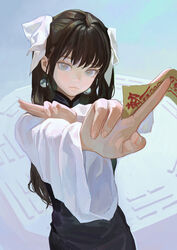  bagua between_fingers black_dress blue_eyes brown_hair closed_mouth commentary dress earrings eyeball_bracelet_girl_(fkey) female fingernails fkey hair_ribbon highres holding jewelry long_hair looking_at_viewer ofuda ofuda_between_fingers original ribbon shirt solo symbol-only_commentary talisman trigram upper_body white_ribbon white_shirt yin_yang yin_yang_earrings 