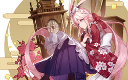  alternate_costume animal_ears ankle_boots apron bad_id bad_pixiv_id benghuai_xueyuan blue_eyes boots bow cabinet commentary_request cross-laced_footwear egasumi female floating floral_print from_side hairbow hakama hakama_skirt holding holding_tray honkai_(series) honkai_impact_3rd hourglass japanese_clothes kimono lace-up_boots long_hair looking_at_viewer maid maid_apron maid_headdress pantyhose pink_hair purple_hakama red_bow red_kimono sidelocks skirt solo sougishi_ego taishou tray very_long_hair wa_maid waitress yae_sakura 