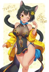  ;3 ;d animal_ear_fluff animal_ears bare_shoulders bell black_dress black_footwear black_hair black_panties blue_legwear blush breasts cat_ears cat_girl cat_tail china_dress chinese_clothes commission dress fangs female highres hijiki_(deriku4) jacket jingle_bell large_breasts leg_warmers lips miyano_ururu navel official_art one_eye_closed open_mouth original panties paw_pose see-through short_hair smile solo standing standing_on_one_leg string_panties tail underwear yellow_eyes yellow_jacket 