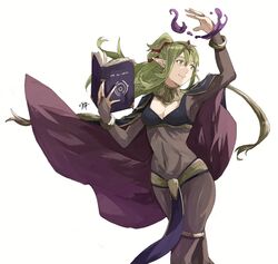  alternate_costume black_cape bodystocking book bracelet breasts bridal_gauntlets cape cleavage closed_mouth commentary cosplay covered_navel english_commentary female fire_emblem fire_emblem_awakening gold_trim green_eyes green_hair hair_between_eyes hair_ribbon highres holding holding_book jewelry long_hair looking_away magic medium_breasts multicolored_cape multicolored_clothes navel pelvic_curtain pointy_ears ponytail purple_cape red_ribbon ribbon sakuremi sidelocks signature simple_background skin_tight smile solo tharja_(fire_emblem) tharja_(fire_emblem)_(cosplay) tiara tiki_(adult)_(fire_emblem) tiki_(fire_emblem) two-tone_cape white_background 