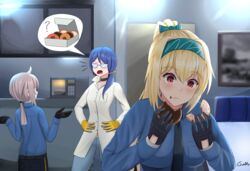  3girls ahoge black_gloves black_mesa_science_team black_mesa_science_team_(cosplay) black_necktie black_pants blonde_hair blue_hair blue_shirt cafeteria cosplay doughnut food gamryous girls&#039;_frontline glasses gloves green_hairband grey_hair hairband half-life_(series) half-life_1 highres k11_(girls&#039;_frontline) lab_coat long_hair m200_(girls&#039;_frontline) multicolored_clothes multicolored_gloves multiple_girls necktie pants ponytail red_eyes science_fiction scientist security_guard shirt spoken_food sv-98_(girls&#039;_frontline) uniform yellow_gloves 