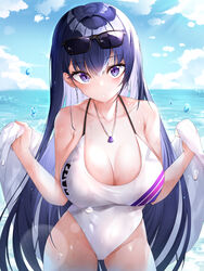  :o absurdres beach blue_sky blush breasts cleavage cloud collarbone covered_navel cowboy_shot day english_commentary eyewear_on_head female gr_greeze hair_between_eyes highres honkai_(series) honkai_impact_3rd horizon jewelry large_breasts long_hair looking_at_viewer necklace ocean one-piece_swimsuit outdoors parted_lips purple_eyes purple_hair raiden_mei sarong sky solo standing sunglasses swimsuit very_long_hair water_drop wet white_one-piece_swimsuit white_sarong 