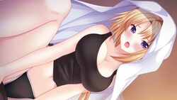  black_panties black_tank_top blonde_hair blush breasts cleavage ellen_aice female game_cg hair_between_eyes large_breasts long_hair looking_at_viewer low_ponytail midriff muv-luv muv-luv_alternative muv-luv_alternative_strike_frontier muv-luv_unlimited:_the_day_after navel open_mouth panties purple_eyes spread_legs stomach tank_top underwear very_long_hair 