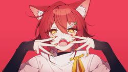  1boy animal_(vocaloid) animal_ear_fluff animal_ears coojisan facepaint fangs flower hair_between_eyes hair_flower hair_ornament hanasaki_miyabi hanasaki_miyabi_(1st_costume) highres holostars jacket kemonomimi_mode male_focus open_mouth orange_nails portrait red_background red_hair solo virtual_youtuber white_jacket yellow_eyes 