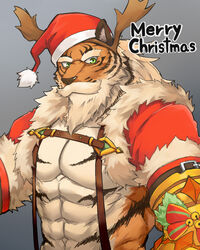  4:5 abs absurd_res christmas clothed clothing facial_hair felid fur green_eyes grey_background hi_res holidays kenjilokung male mammal moustache multicolored_body multicolored_fur muscular muscular_male open_clothing open_shirt open_topwear orange_body orange_fur pang_(sdorica) pantherine pecs santa_claus sdorica shirt simple_background solo striped_body striped_fur stripes suspenders tan_body tan_fur tiger topwear two_tone_body two_tone_fur 