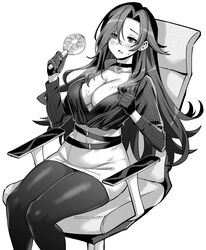  azur_lane azur_lane:_slow_ahead blush breasts chkalov_(azur_lane) choker cleavage female gloves greyscale hand_fan high-waist_skirt highres holding holding_fan hori_(hori_no_su) long_hair monochrome official_art on_chair pantyhose pencil_skirt shirt skirt striped_clothes striped_shirt sweat vertical-striped_clothes vertical-striped_shirt 