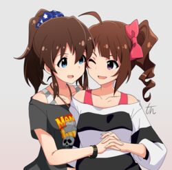  2girls :d ;d ahoge artist_name black_shirt blue_eyes blue_scrunchie bodysuit bow brown_hair commentary_request cosplay costume_switch dress drill_hair hairbow holding_hands idolmaster idolmaster_million_live! interlocked_fingers jewelry long_sleeves looking_at_another medium_hair multiple_girls necklace off-shoulder_dress off_shoulder one_eye_closed open_mouth pink_bodysuit ponytail print_scrunchie print_shirt purple_eyes satake_minako scrunchie shirt shirt_straps side_drill side_ponytail signature smile star_(symbol) star_print striped_clothes striped_shirt tun upper_body white_shirt wristband yokoyama_nao yuri 