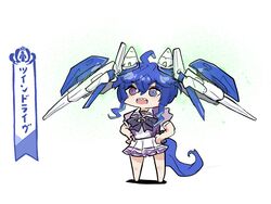  00_gundam 00_raiser @_@ ahoge animal_ears barefoot blue_hair chibi crossover female gn_drive gundam gundam_00 hands_on_own_hips heterochromia highres horse_ears horse_girl horse_tail kawamochi_(tddm3573) open_mouth puffy_short_sleeves puffy_sleeves purple_skirt school_uniform sharp_teeth short_sleeves skirt solo summer_uniform tail teeth tracen_school_uniform trait_connection translated twin_turbo_(umamusume) umamusume v-shaped_eyebrows 