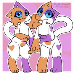  1:1 aliasing calico_cat cally_(theenyface) capcom digital_drawing_(artwork) digital_media_(artwork) digitigrade domestic_cat duo felid feline felis felyne flat_colors footprint fur long_tail looking_at_viewer lynian mammal markings monster_hunter orange_body orange_fur palico pawprint pawprint_(marking) plantigrade pose purple_body purple_fur square_crossover standing tail theenyface white_body white_fur 