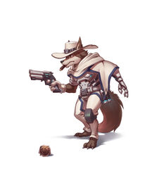  2017 anthro barefoot bei_ju_luoxuan_wan biped blizzard_entertainment brown_body brown_fur canid canine canis cigar clothed clothing cole_cassidy cosplay crossover crossover_cosplay disney feet fully_clothed fur gun handgun hat headgear headwear hi_res holding_gun holding_object holding_ranged_weapon holding_weapon mammal officer_wolfard overwatch ranged_weapon revolver simple_background solo weapon white_background wolf zootopia 