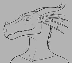  anthro ciphna12 dragon female frill_(anatomy) hi_res horn kinkajou_(wof) monochrome mythological_creature mythological_scalie mythology neck_frill nude rainwing_(wof) scalie smile solo spines wings_of_fire 