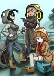  3girls :o ahoge arguing bag black_coat black_eyes black_gloves black_hair black_mamba_(kemono_friends) blonde_hair boots brown_eyes brown_hair cigarette coat crossed_legs gloves haegiwa_gonbee holding holding_cigarette hood kemono_friends king_cobra_(kemono_friends) long_hair looking_at_another looking_at_viewer multicolored_hair multiple_girls outdoors pink_hair pointing pointing_at_another railing rolling_suitcase rubber_boots sitting smile snake_girl snake_hood snake_tail source_request standing suitcase tail taipan_(kemono_friends) two-tone_hair 