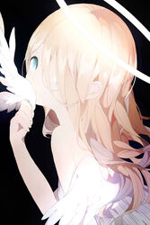  angel angel_wings aqua_eyes bare_shoulders biting black_background blonde_hair breasts brown_hair cannibalism dress eating feathered_wings feathers female from_side hair_between_eyes hair_over_one_eye halo hand_up highres holding holding_feather leaning_forward long_hair looking_at_viewer looking_to_the_side multicolored_hair n79oqc3yja6jlof original severed_wings simple_background sleeveless sleeveless_dress small_breasts solo streaked_hair upper_body white_background white_dress white_wings wing_biting wings 