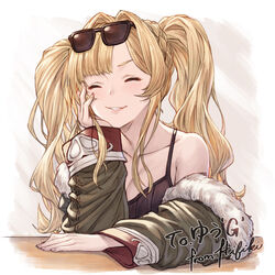  absurdres blonde_hair blush breasts cleavage closed_eyes commission eyewear_on_head female fur_trim granblue_fantasy hair_intakes hair_ornament hairband highres ivris jacket large_breasts long_hair looking_at_viewer open_mouth skeb_commission smile solo sunglasses twintails zeta_(dark)_(granblue_fantasy) zeta_(granblue_fantasy) 