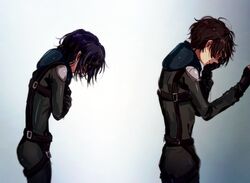  1boy aldnoah.zero amifumi_inko black_hair blurry bodysuit brown_hair closed_mouth crying depth_of_field female hair_over_eyes hand_on_own_face hidden_eyes kaizuka_inaho pain pilot_suit science_fiction self_hug shokupa_(skp300) short_hair standing straight 