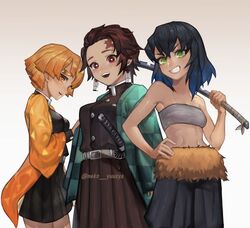  3girls agatsuma_zenitsu bandeau bare_shoulders belt black_hair black_skirt blue_hair breasts brown_hair checkered_haori earrings genderswap_(mtf) gradient_hair green_eyes green_jacket grin hand_on_own_hip haori hashibira_inosuke highres jacket japanese_clothes jewelry kamado_tanjirou katana kimetsu_no_yaiba long_sleeves looking_at_viewer medium_breasts medium_hair miniskirt multicolored_hair multiple_girls navel neko_yuusya open_mouth orange_eyes orange_hair orange_jacket pleated_skirt red_eyes rule_63 scar scar_on_face scar_on_forehead short_hair skirt skirt_set smile sword twitter_username uniform weapon white_belt 