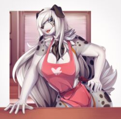  2020 5_fingers anthro apron apron_only big_breasts blue_eyes breasts canid canine canis clothed clothing digital_media_(artwork) domestic_dog female fingers hair huge_breasts knight_dd mammal mostly_nude open_mouth smile solo standing teeth tongue white_hair 