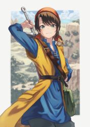  absurdres animal_on_shoulder bandana belt black_hair cosplay dragon_quest dragon_quest_viii female green_eyes hara_kenshi hero_(dq8) hero_(dq8)_(cosplay) highres hololive munchie_(dq8) oozora_subaru short_hair smile solo swept_bangs sword virtual_youtuber weapon weapon_on_back 