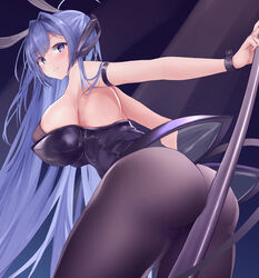  animal_ears armband armpits arms_behind_back artistic_error ass ass_focus ass_press azur_lane bad_id bad_pixiv_id bent_over between_buttocks black_leotard blue_eyes blue_hair blush bodystocking breasts commentary female from_behind headgear highres large_breasts leaning_forward leotard looking_at_viewer looking_back naughty_face new_jersey_(azur_lane) new_jersey_(exhilarating_steps!)_(azur_lane) official_alternate_costume oversized_breast_cup pantyhose playboy_bunny pole pole_dancing rabbit_ears sideboob skin_tight skindentation smile solo strapless strapless_leotard stripper stripper_pole wristband wrong_hand yuuki_shuri 