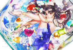  armlet bare_shoulders black_hair blue_dress bow bracelet breasts closed_mouth commentary_request crystal diamond_(gemstone) dress earrings fate/grand_order fate_(series) female floating_hair flower from_side full_body gem glass_slipper glint hairbow heart hugging_own_legs in_container ishtar_(fate) jewelry long_hair long_legs looking_at_viewer parted_bangs photoshop_(medium) plantar_flexion red_eyes red_gemstone shutsuri sideboob smile solo sparkle strapless strapless_dress submerged tiara transparent two_side_up very_long_hair white_background yellow_legwear 